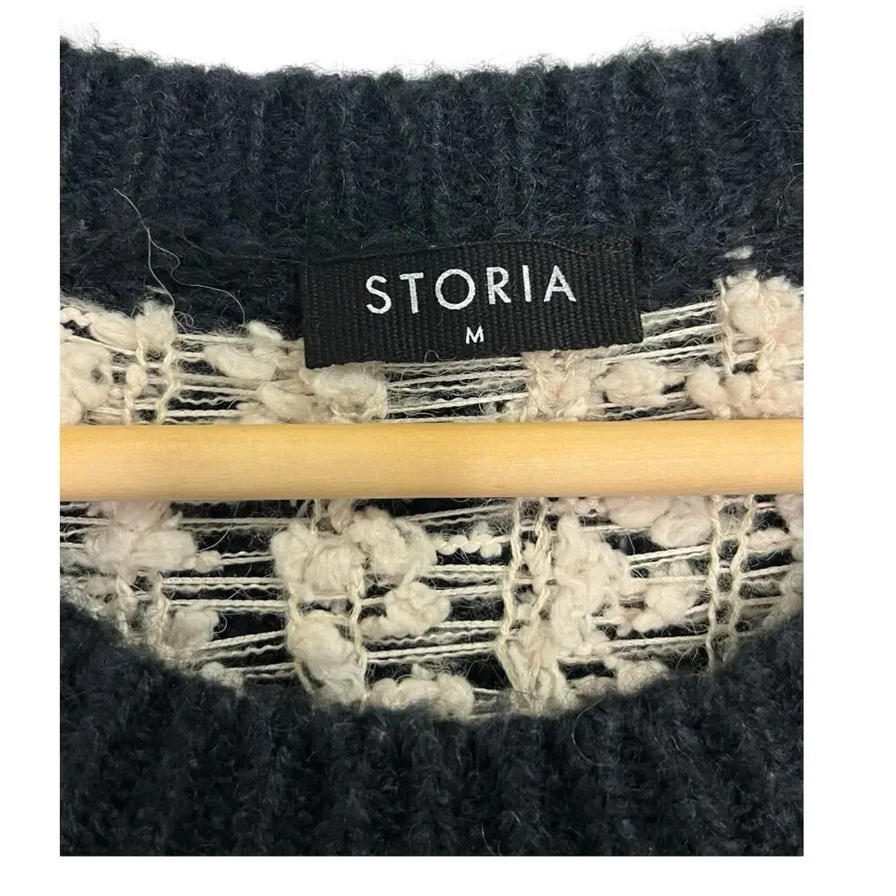 STORIA Sweater Womens Medium Blue Mohair Wool Textured Knit Cropped Boho Cozy
